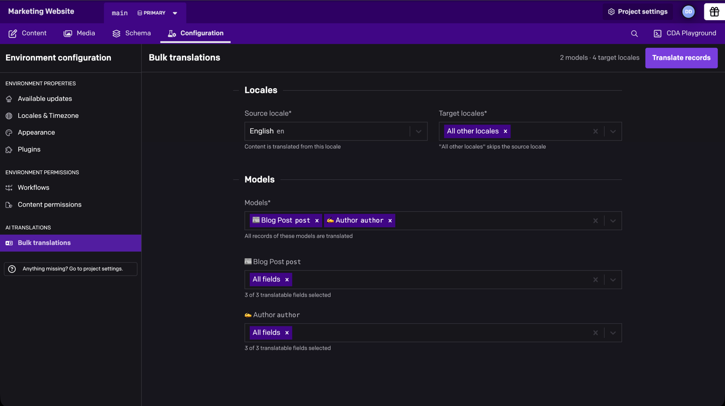 The Bulk translations page with English as the source locale, All other locales as targets, and the selected models, each with its own field picker