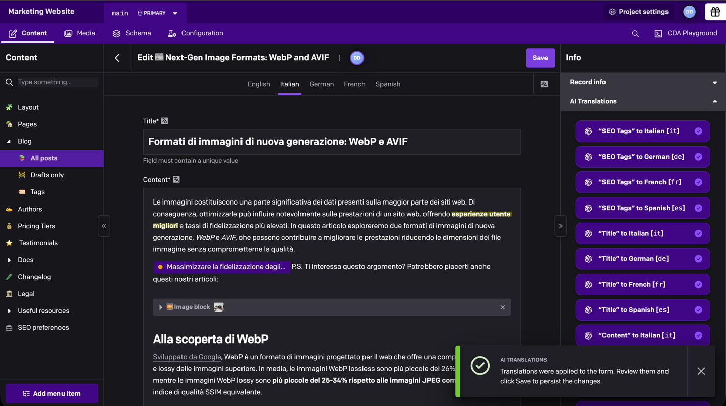 A blog post open on its Italian tab with the title and content translated, next to the AI Translations sidebar panel listing each finished field and locale, such as "Title" to Italian [it], and a notice asking to review the translations and save