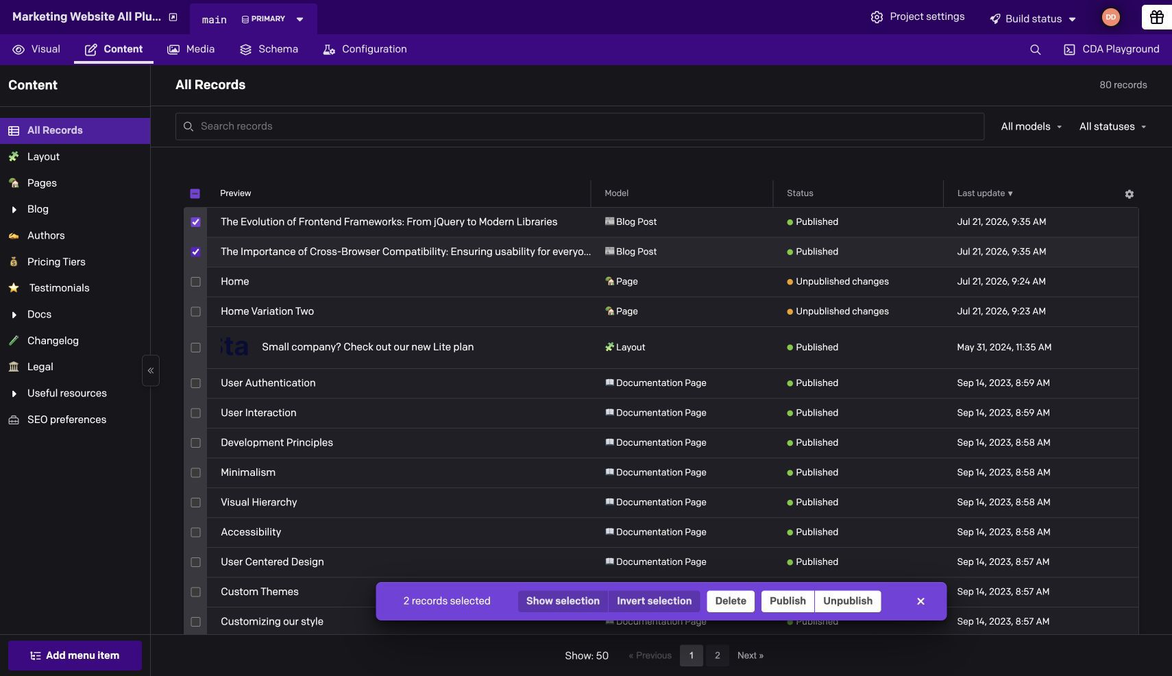 Manage selected records