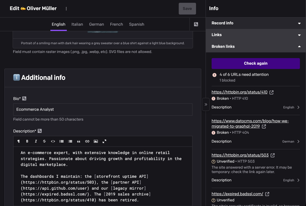 A record next to its Broken links sidebar panel, which lists two broken and two unverified links with the field and locale of each