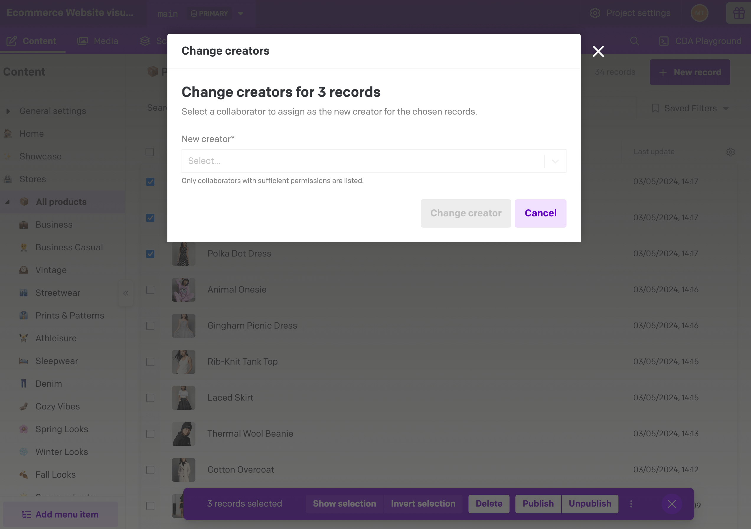 Bulk action modal showing the collaborator picker