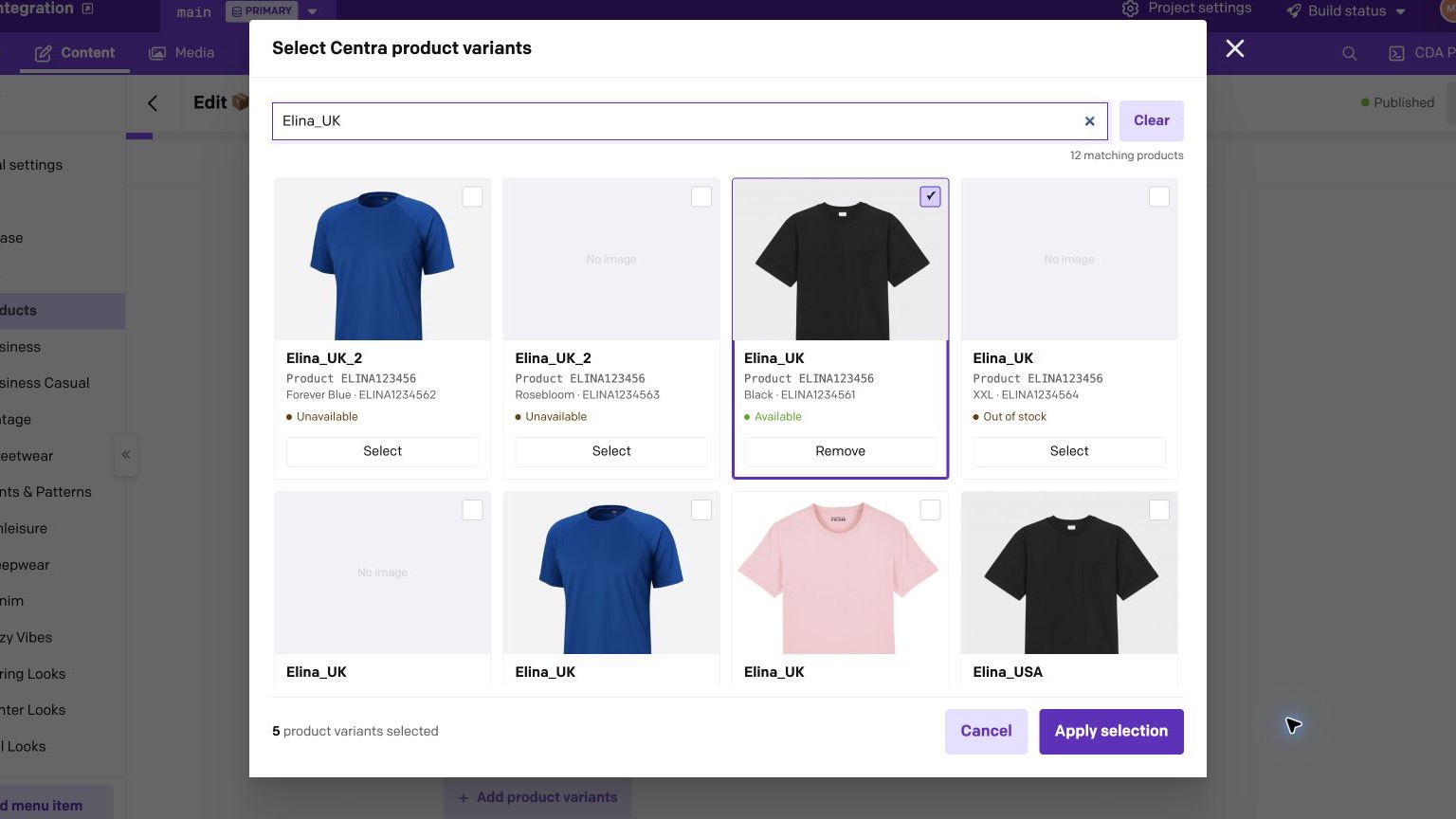 Centra exact product variant picker showing image-backed Elina UK search results