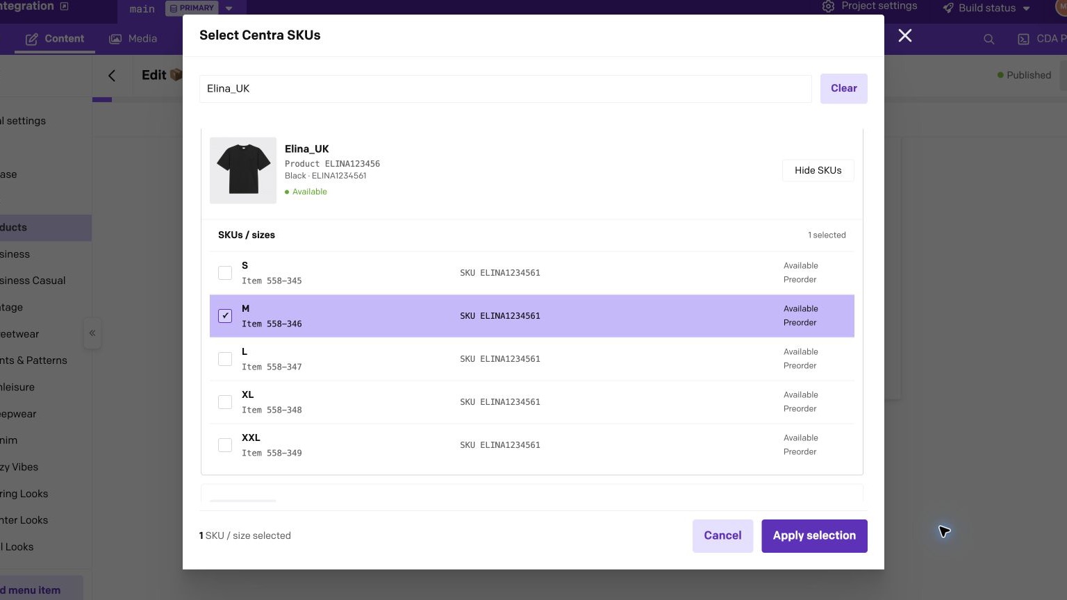 Centra SKU picker showing the Elina UK Black variant with size M selected