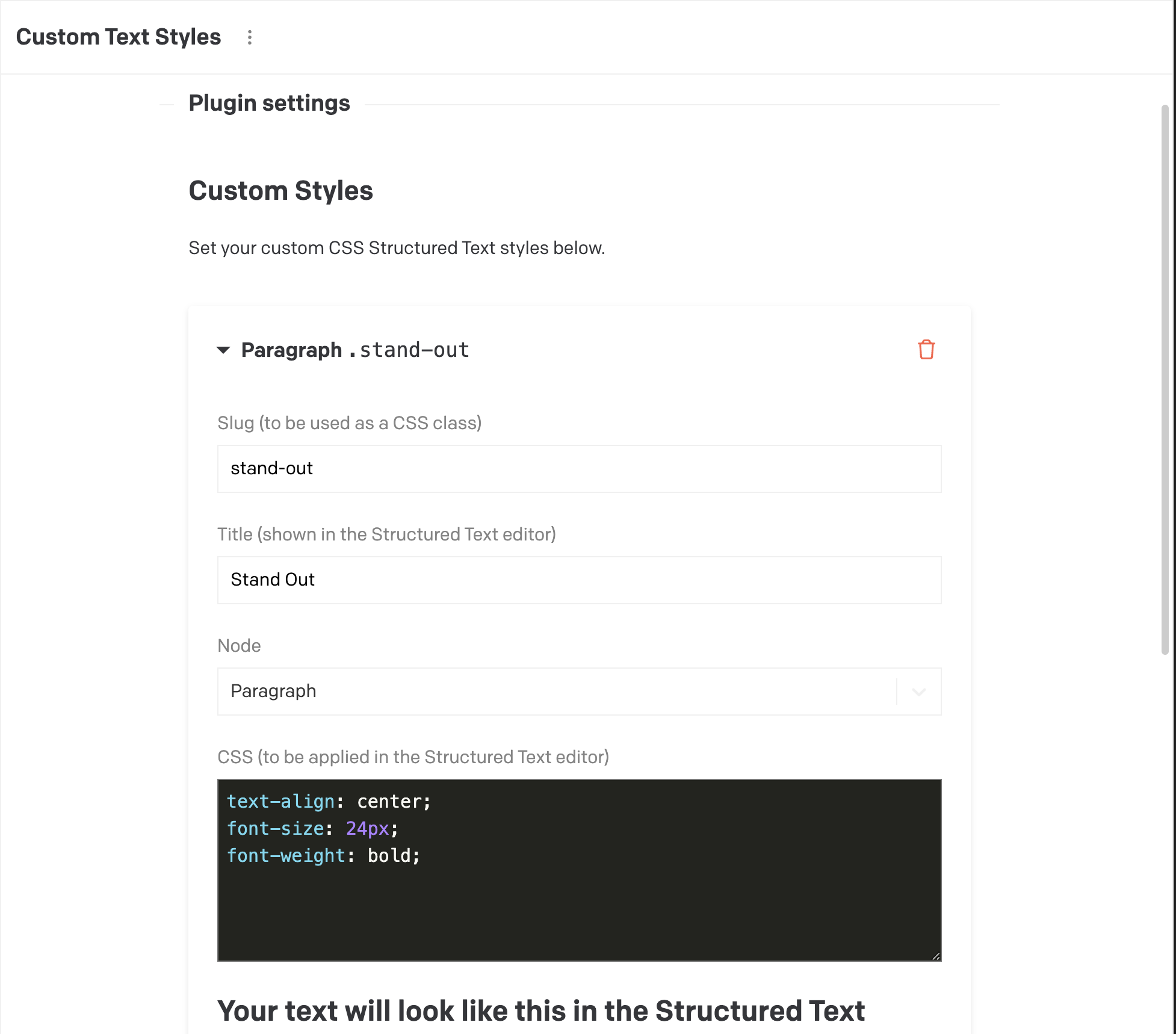 Settings for Custom Text Styles plugin