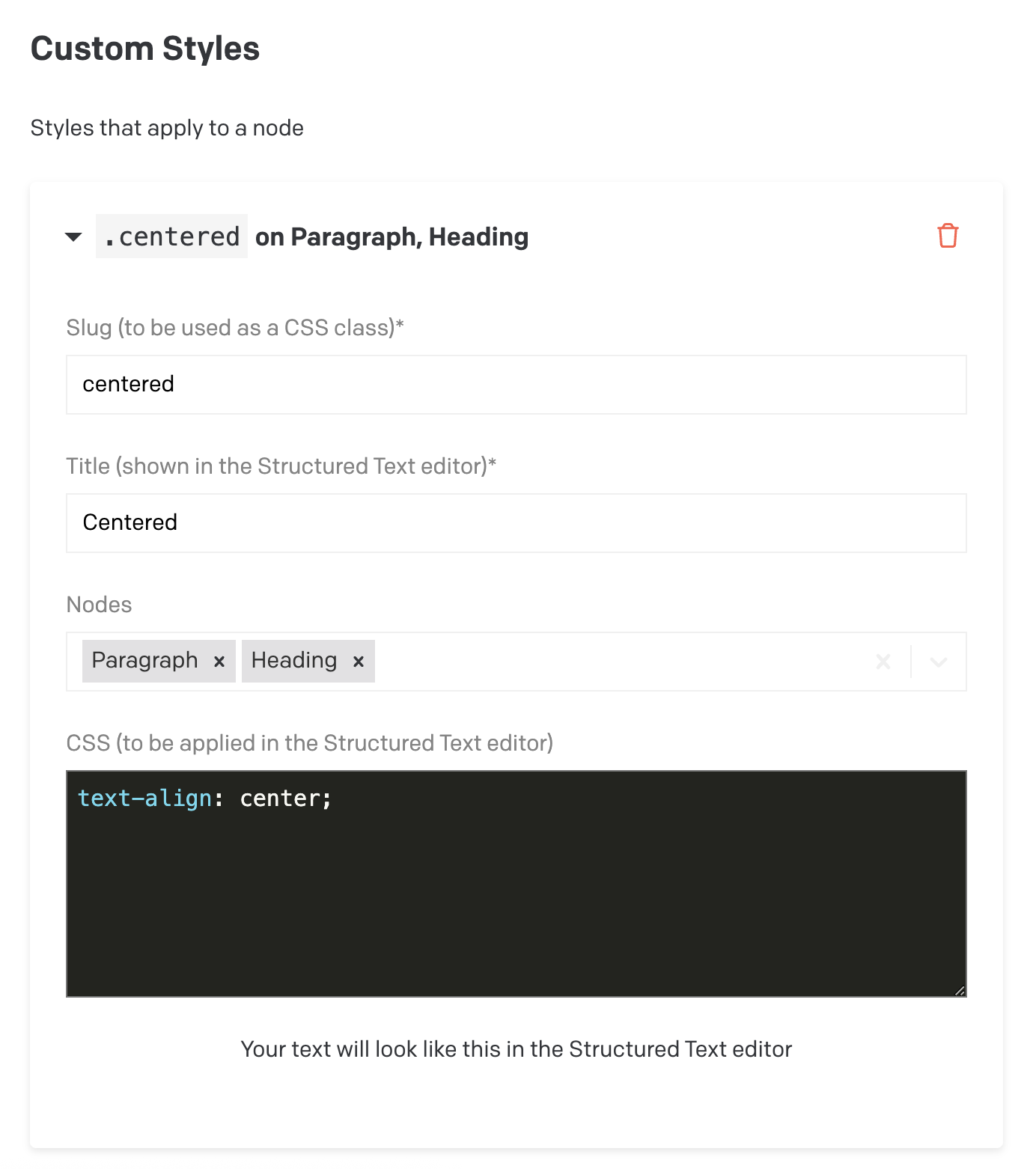 Settings for Styles in Custom Text Styles plugin