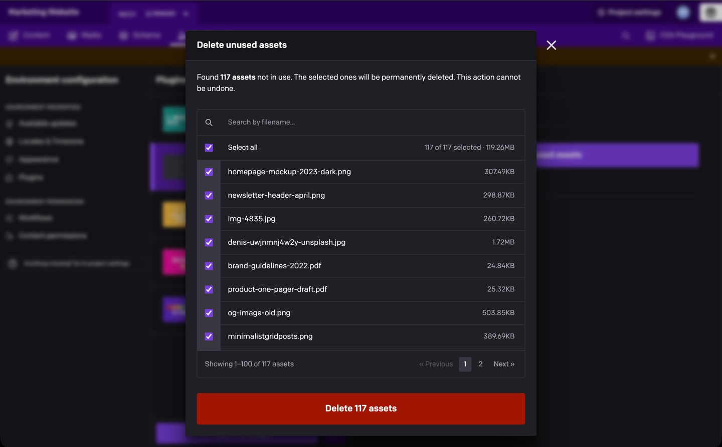 The Delete unused assets dialog listing unused assets with their file sizes