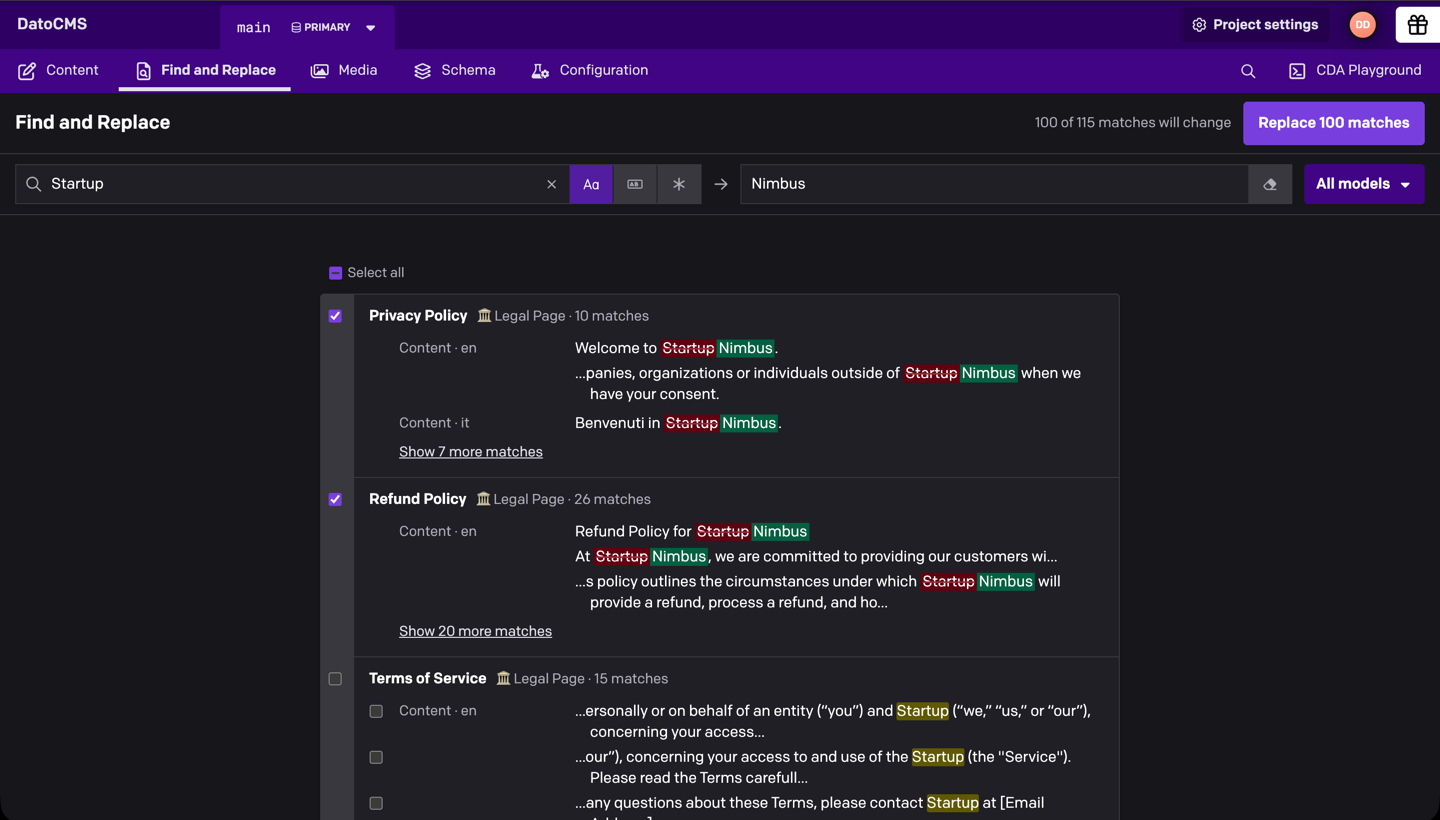 The Find and Replace page renaming "Startup" to "Nimbus": each match shows the old and new text, and the Terms of Service record is left out