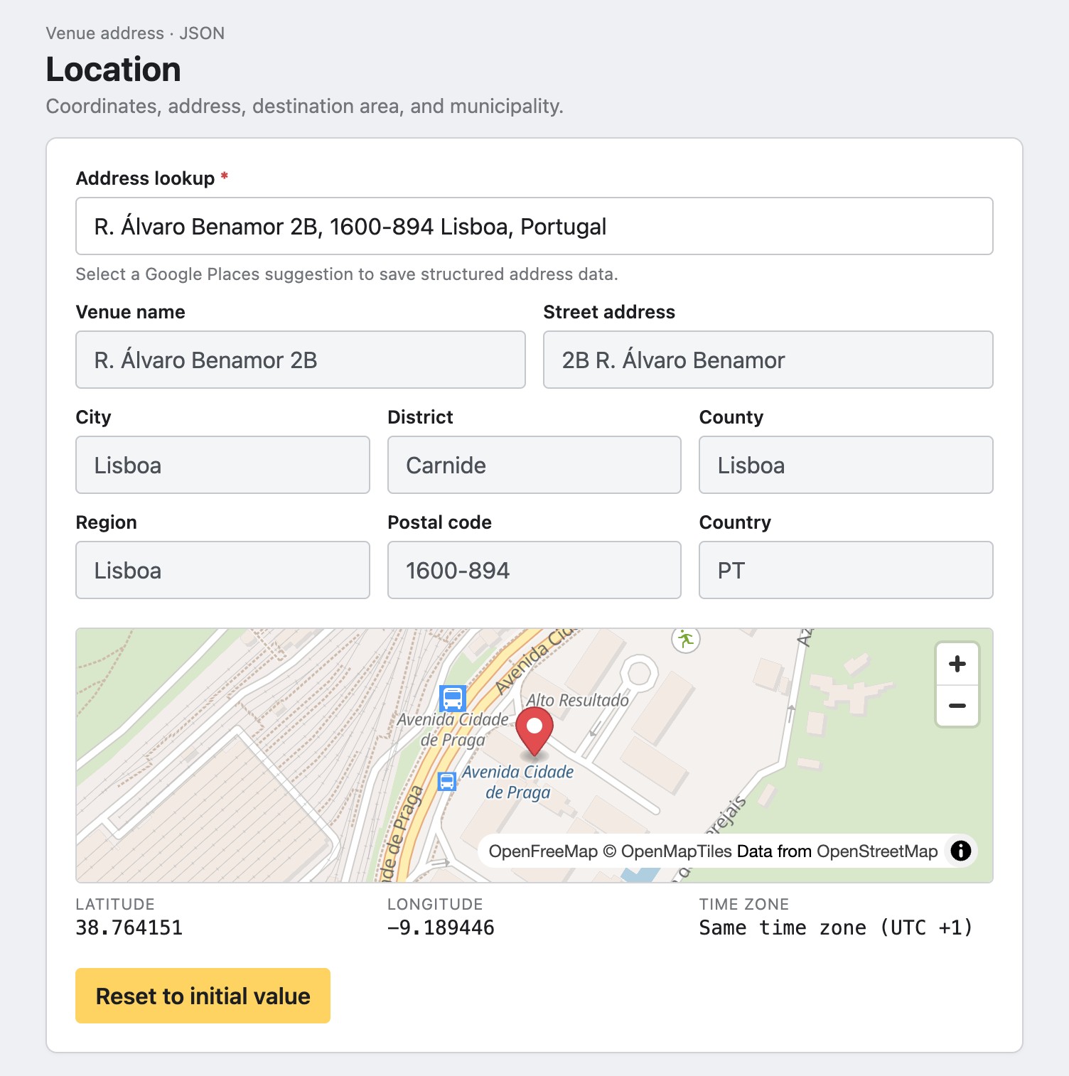 Address field with a map pin and a friendly time zone