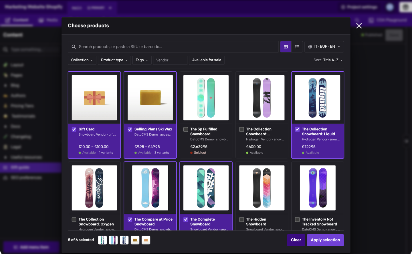 The Shopify picker showing a grid of snowboards, five of them selected