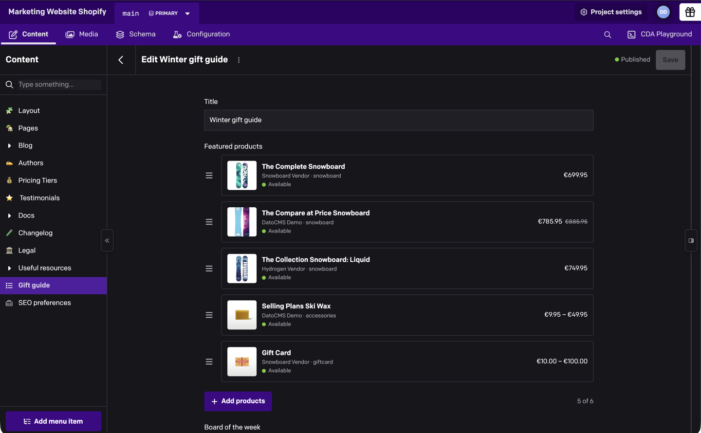 A record with five Shopify products in its Featured products field